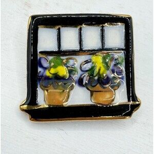 Vintage Ceramic Flower Lots On Window Sill Brooch Pin